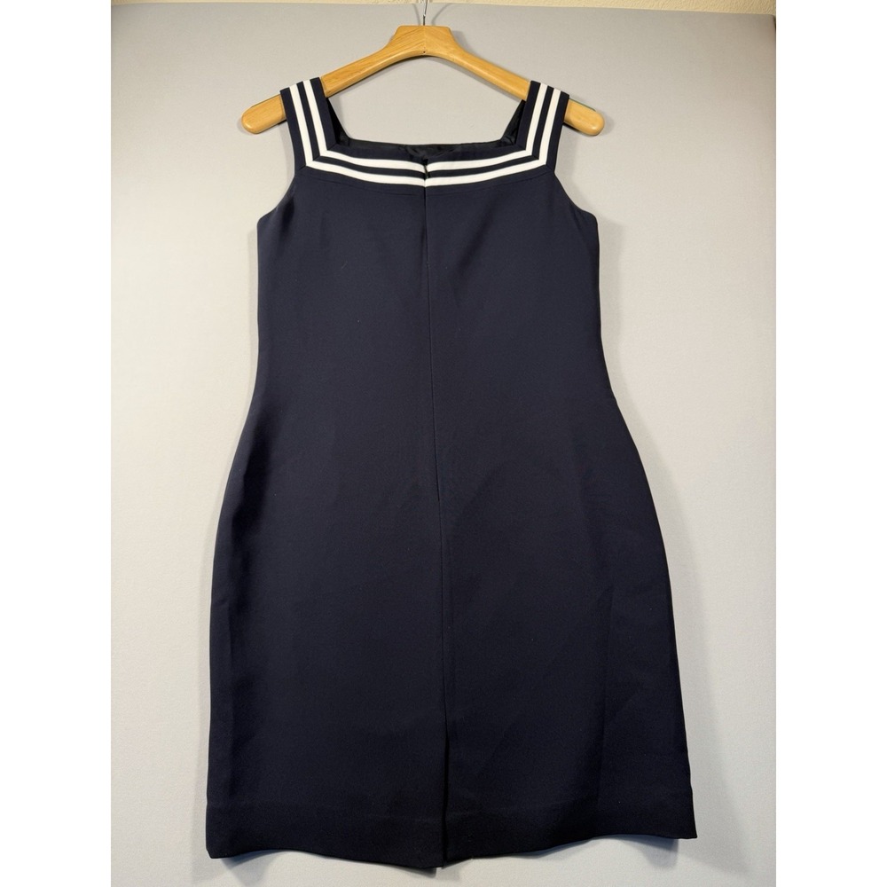 VTG 90s Petite Sophisticate Navy Blue Sheath Dress Striped Square Neck Nautical